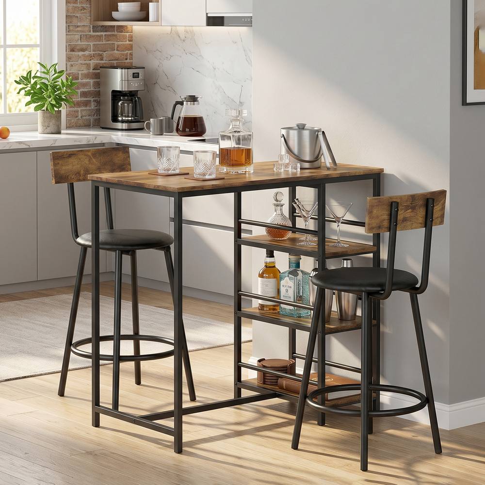 HOMCOM Space Saving Bar Table & PU Leather Stools for 2, Rustic Brown