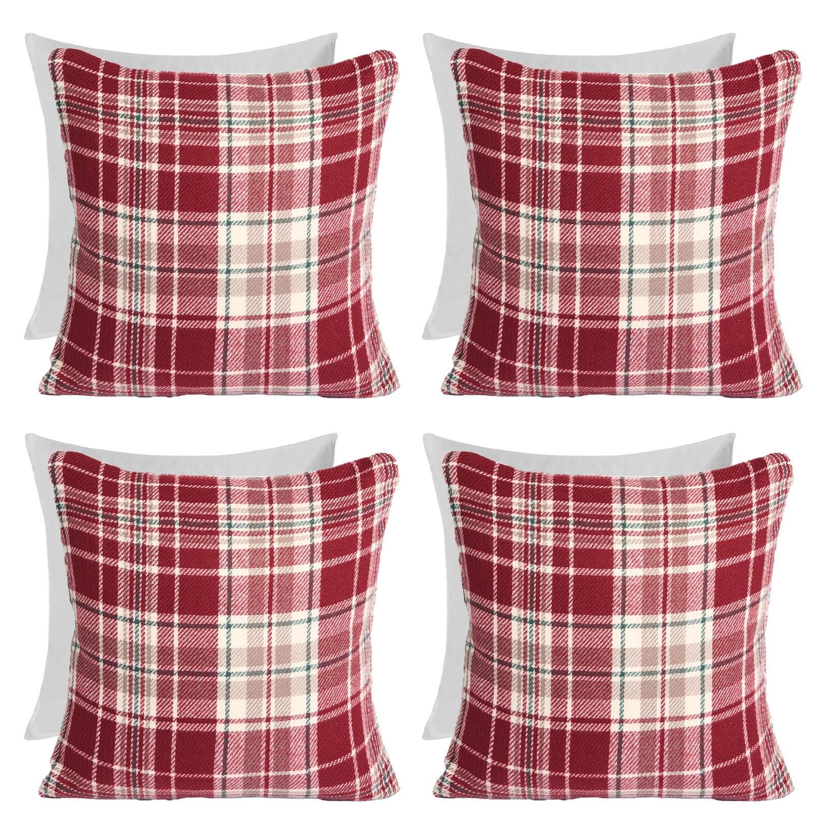 OHS Woven Check Cushion Covers Tartan Pack of 4 Filled Case Pad Set Home in Red