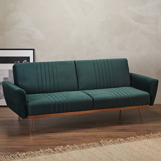 Nico Velvet Upholstered Sofa Bed In Green With Copper Legs