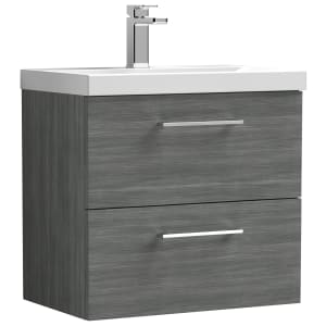 Nuie Arno Anthracite Woodgrain Wall Hung 2 Drawer Vanity Unit & Basin - 579 x 610mm