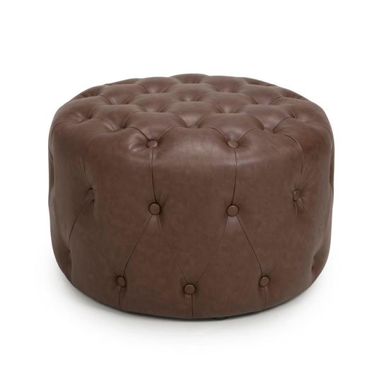 Verona Small Round Leather Effect Pouffe In Brown