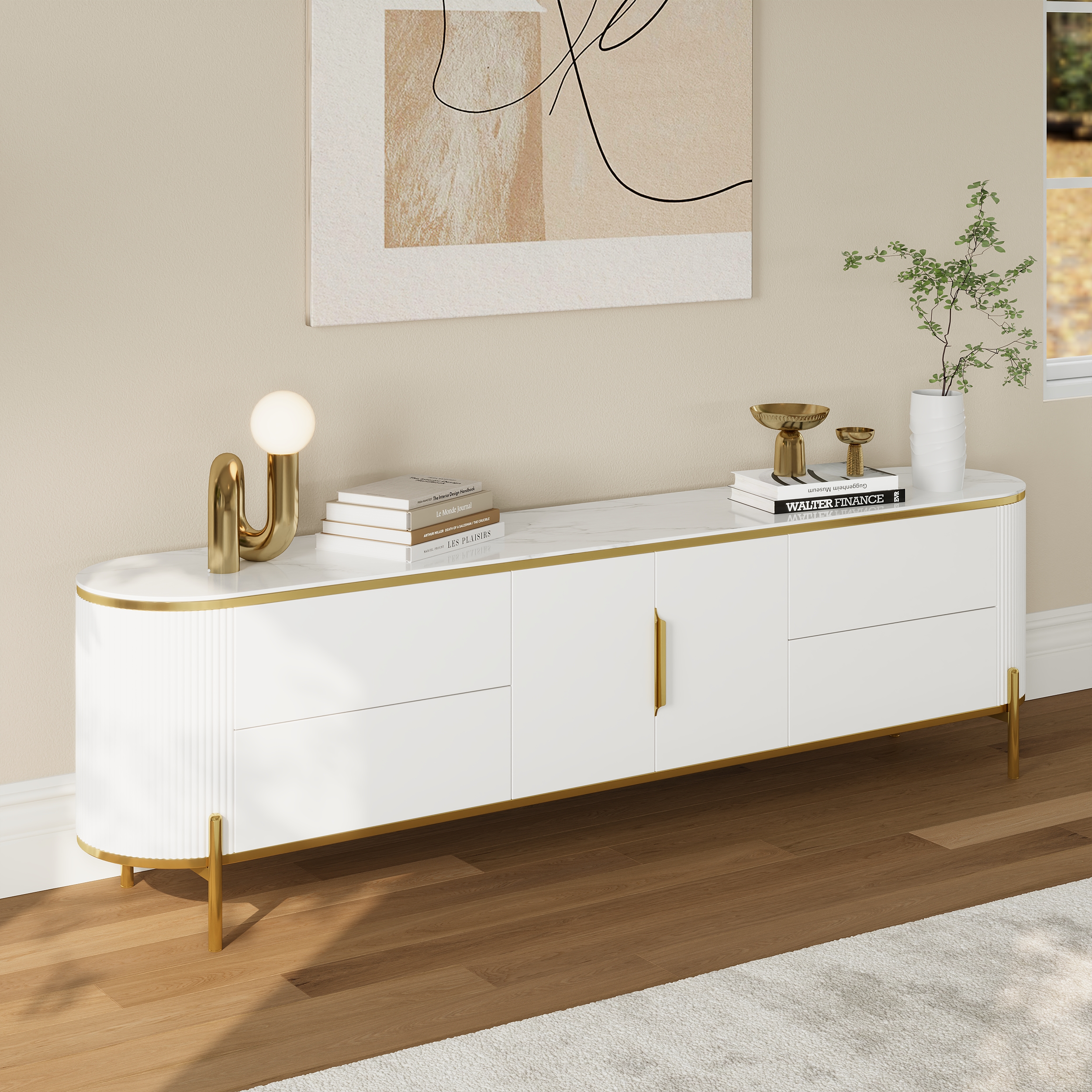 220 cm Modern Elegant Oval TV Console with Drawers & Doors in White