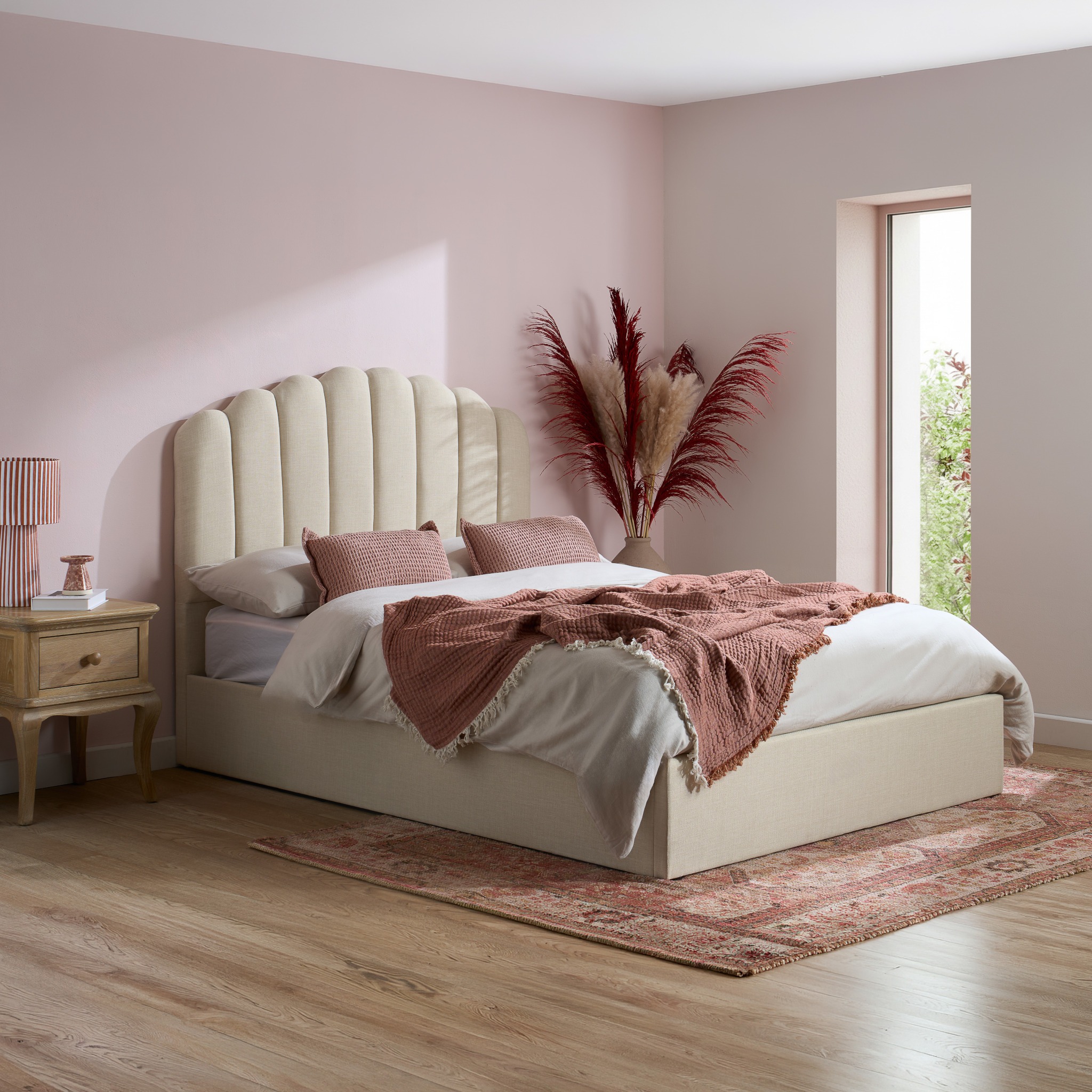 Monaco - Double - Fabric Ottoman Storage Bed - Beige - Fabric - 4ft6 - Happy Beds