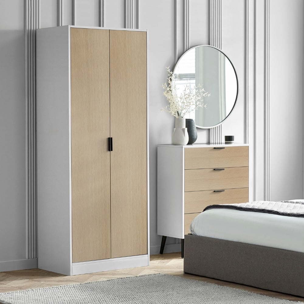 Alba – 2 Door Wardrobe – White and Oak – Lacquered MDF - Happy Beds
