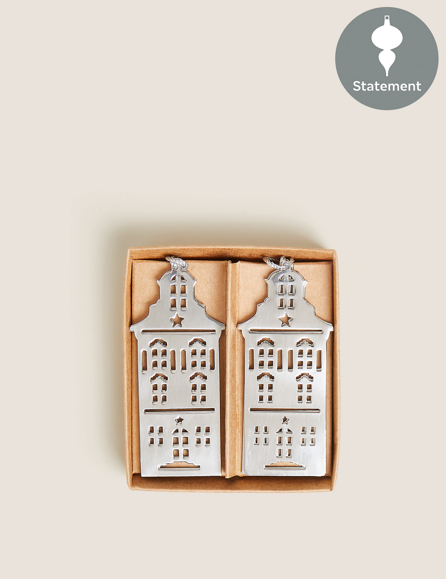 M&S 6 Pack Silver Townhouse Hanging Decorations, Silver