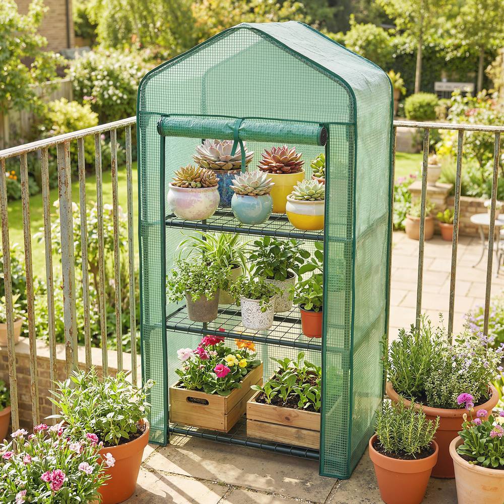 OUTSUNNY Portable Mini Greenhouse with Roll-up Door & Wire Shelves, Green
