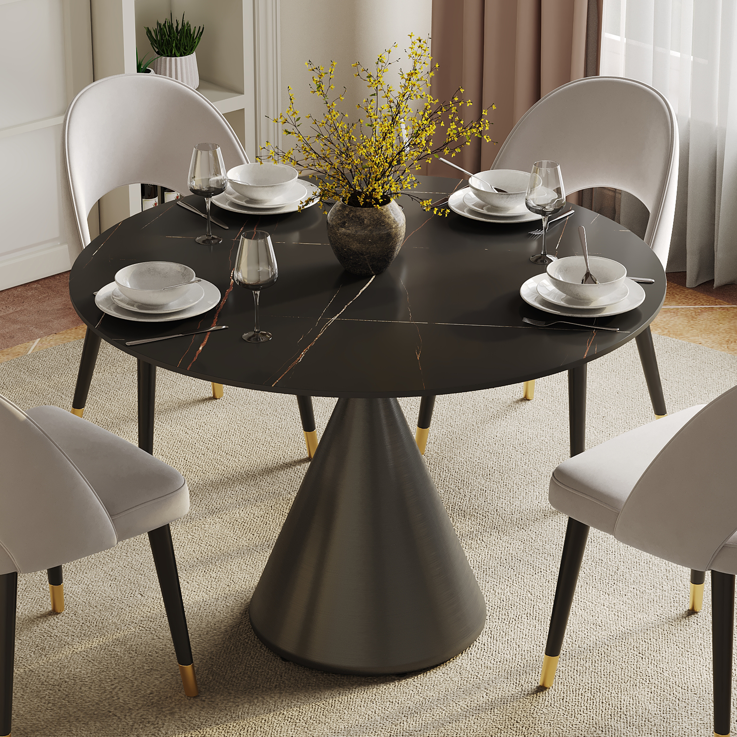 100 cm Sintered Stone Round Dining Table with Brushed Black Base Seats 2-4 People