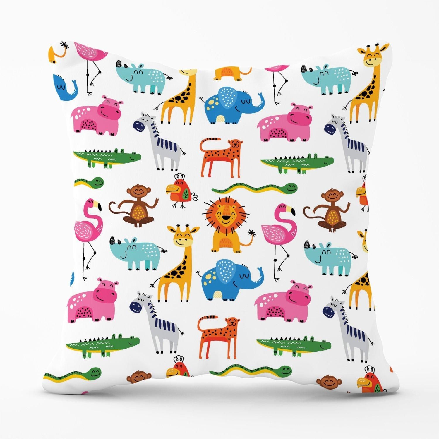 Warren Reed - Designer Hand Drawn Cartoon Animals Outdoor Cushion in Pink