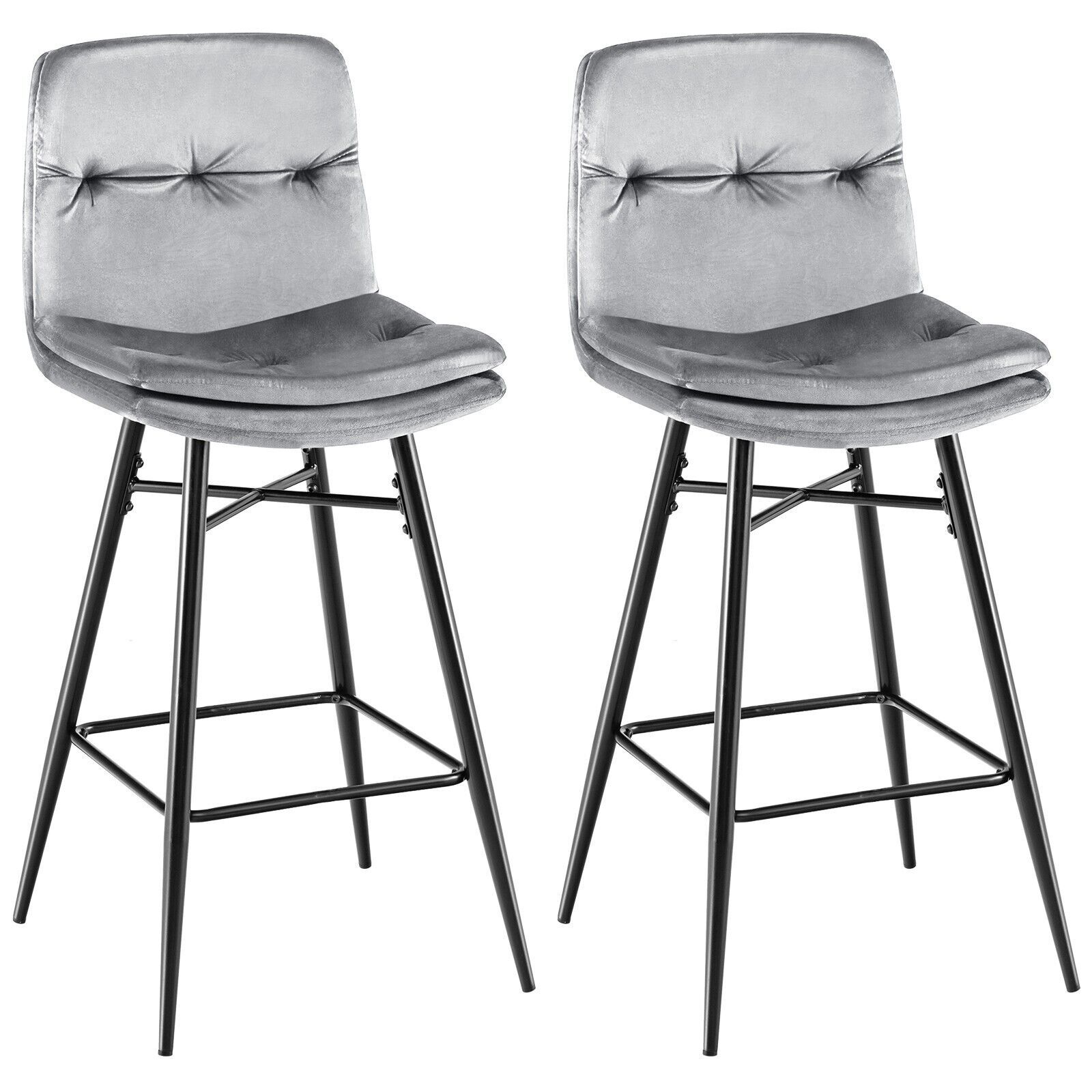 Costway Set of 2 Bar Stools Velvet Counter Height Chair Upholstered High Dining Chairs in Grey