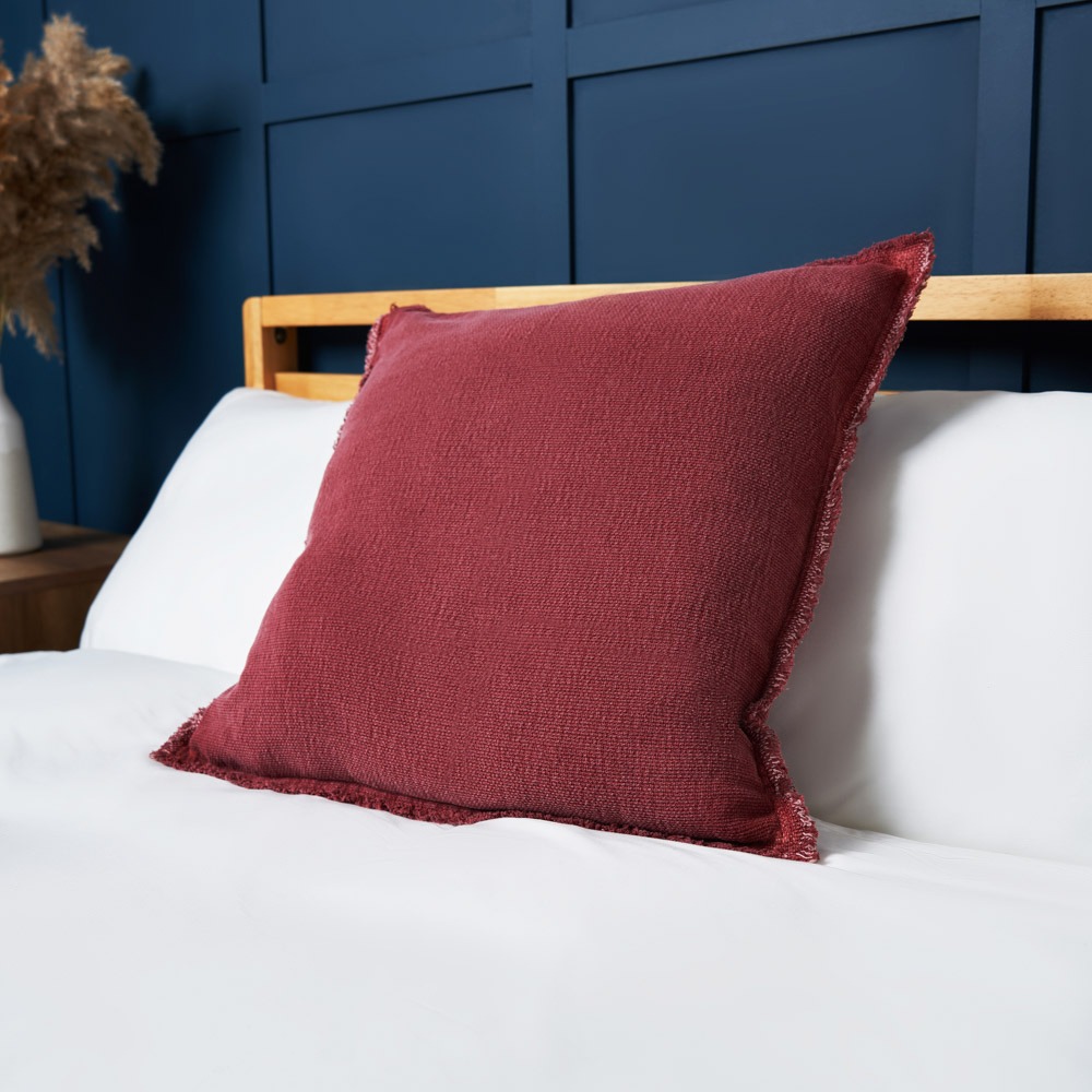 Cotton Cushion with Frayed Edge, Burgundy