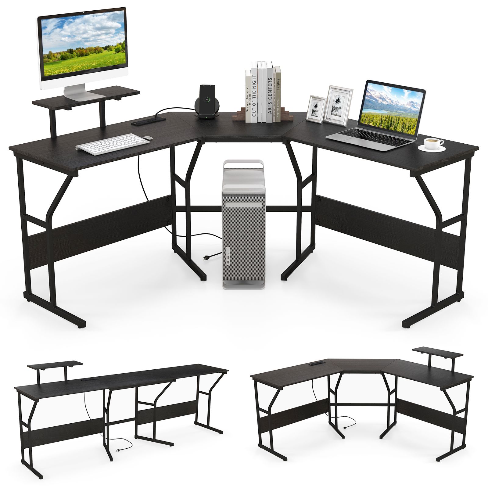 Costway L shaped Desk Long 2 Person Corner Computer Desk with Monitor Stand in Black