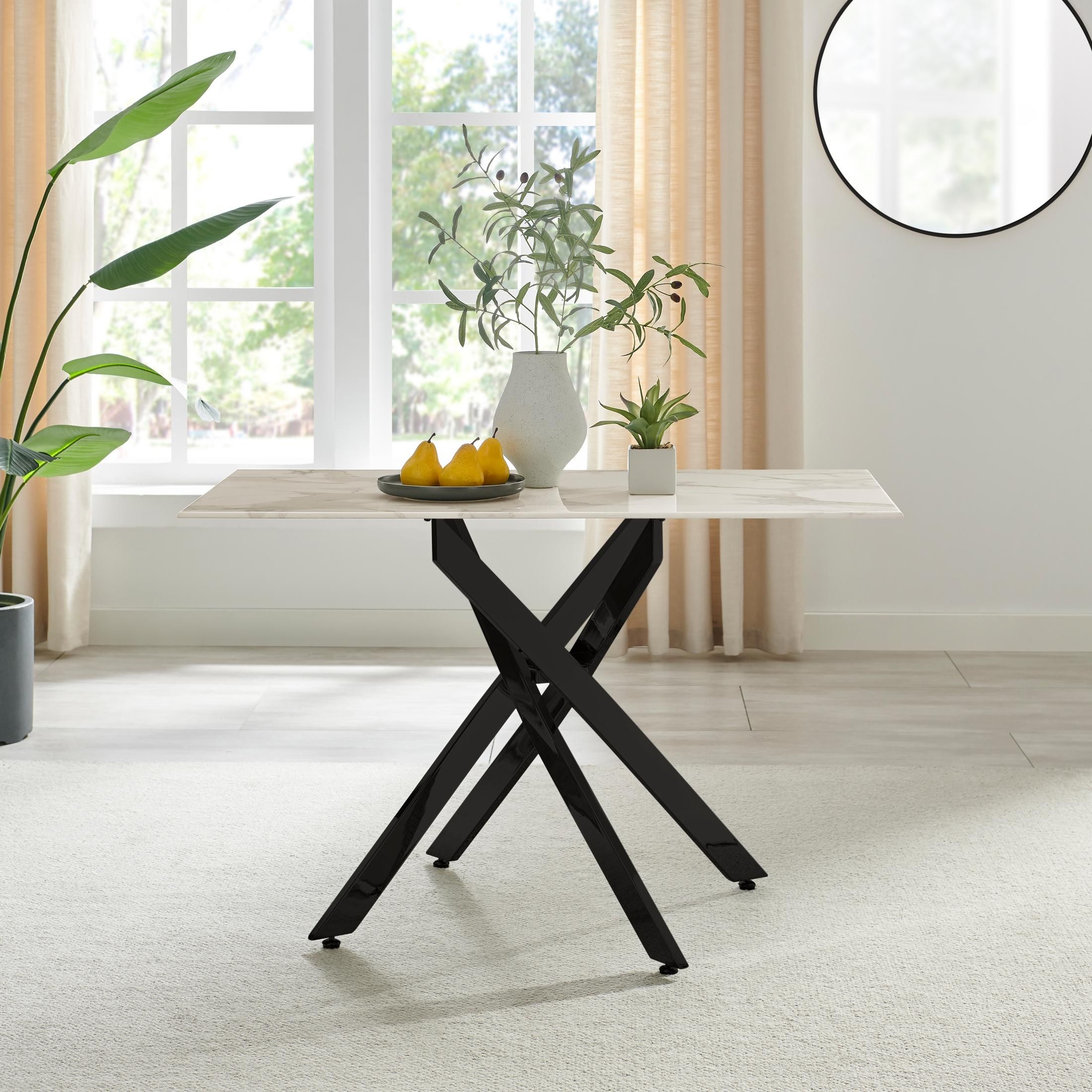 FurnitureboxUK Leonardo 4-Seater Dining Table With Marble Effect Glass Top & Black Metal Legs in White