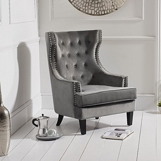 Irina Modern Accent Chair In Grey Velvet With Black Legs