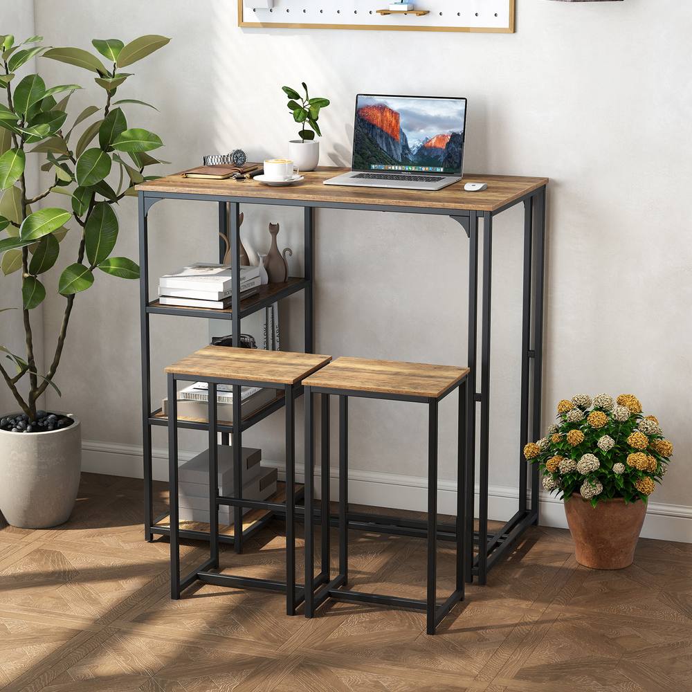 Costway 3-Piece Bar Table Set 2 Person Dining Furniture Set w/2 Stools in Brown