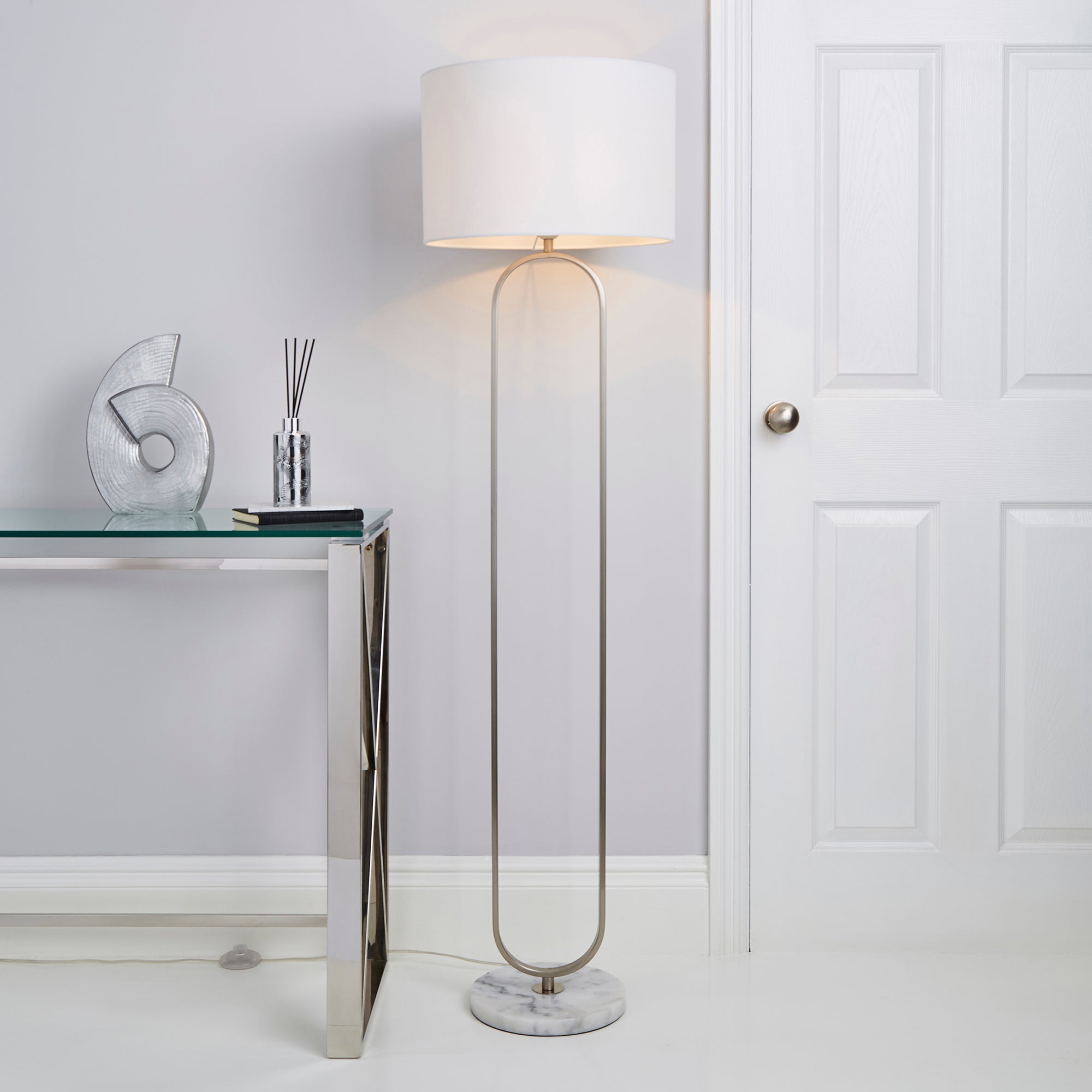 Carrara Real Marble Base Loop Floor Lamp Chrome