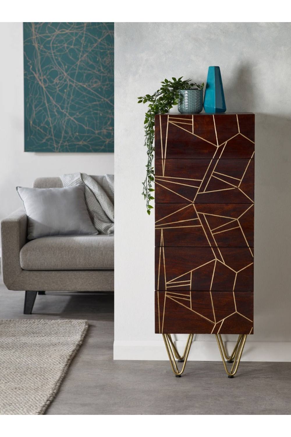 IH Design Behka Dark Mango Wooden Tall Chest of Drawers - Storage Side Cabinet in Brown