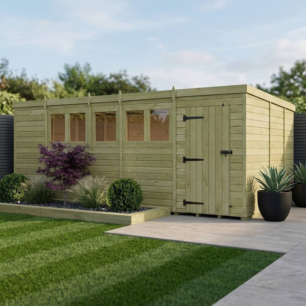 Buttercup Farm 19ft x 9ft Pent Garden Shed Single Door With Windows - Timber in Brown 2