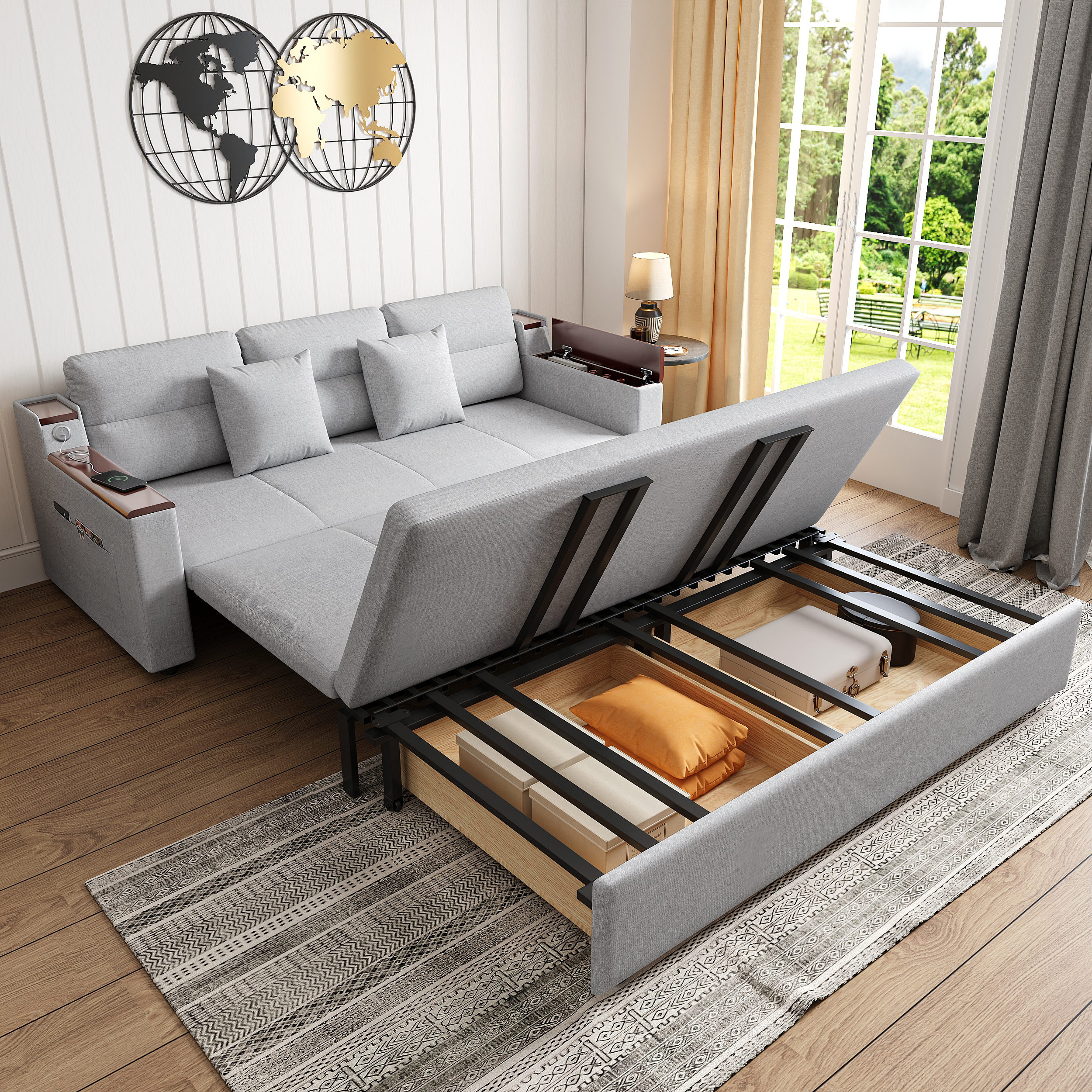King Size Daybed with Trundle Linen Pull Out Sofa Bed