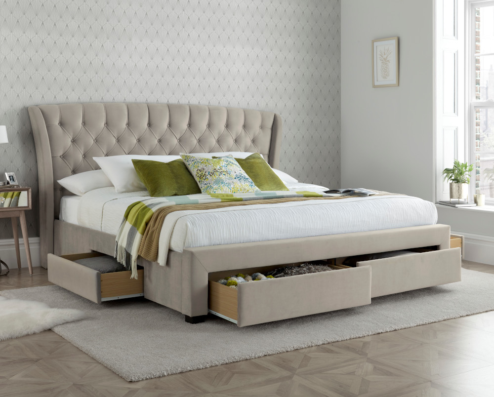 Newton Warm Stone Velvet 4 Drawer Storage Bed Frame - 5ft King Size