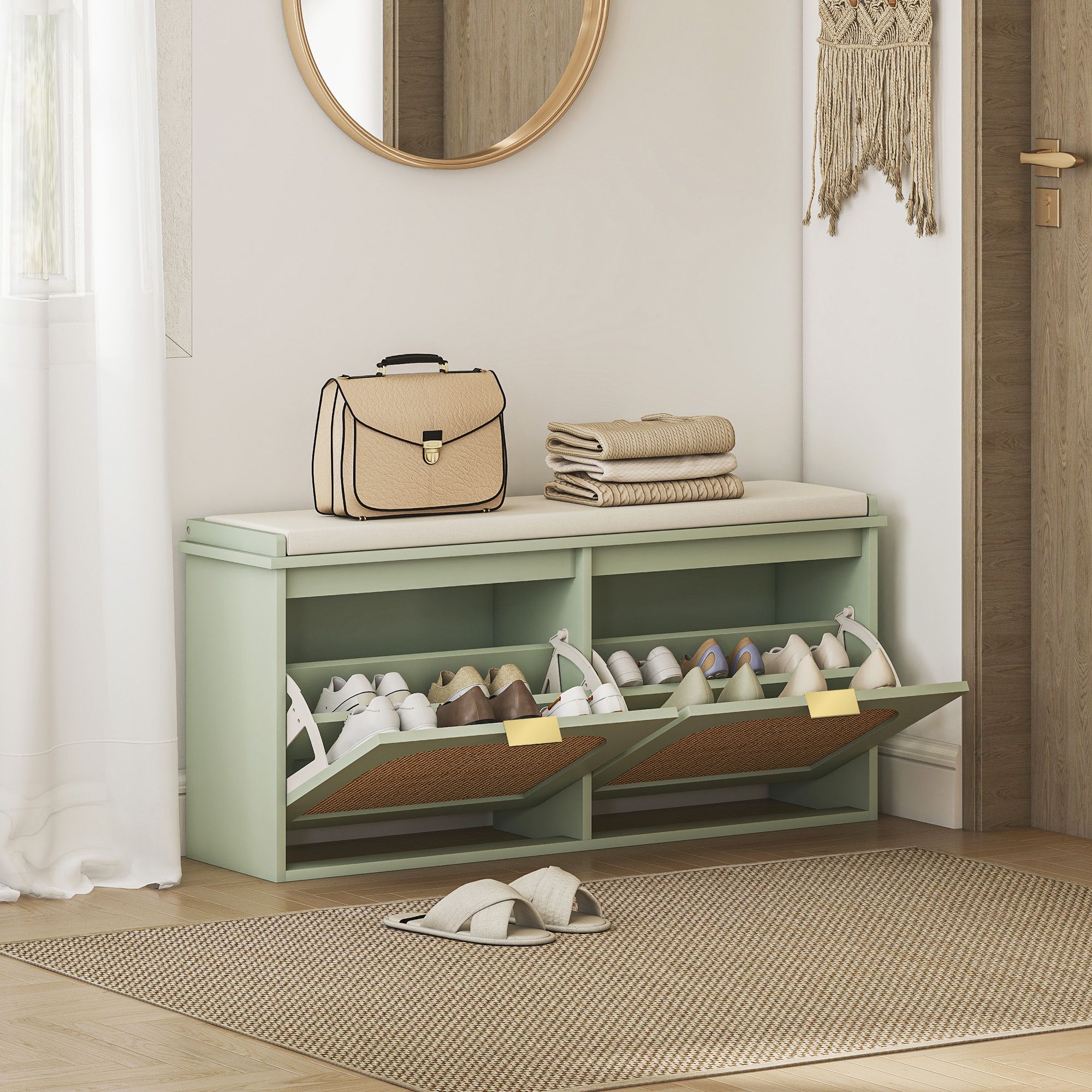 HOMCOM Boho Shoe Bench with Padded Seat & 2 Flip-Drawers in Light Green