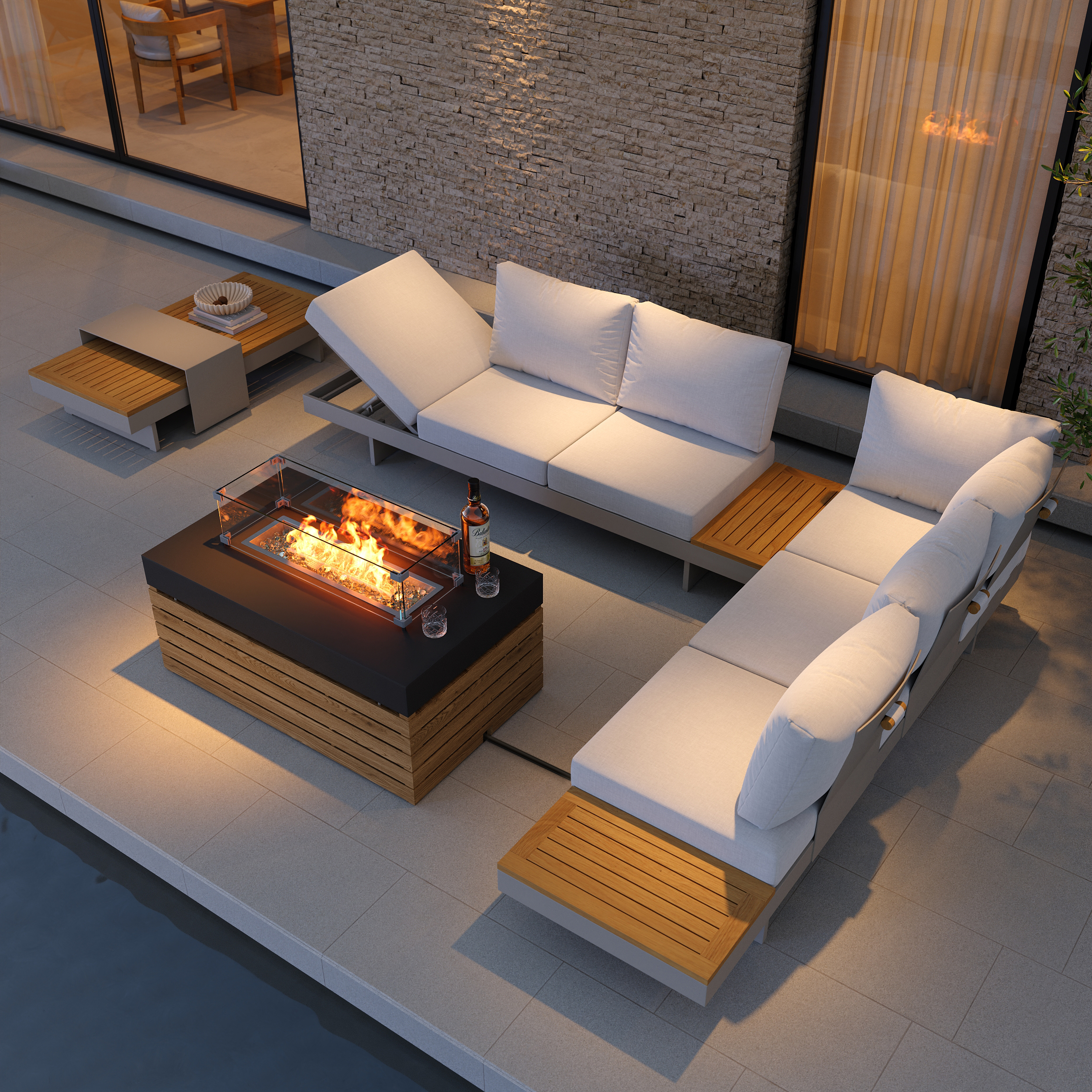 5 PCS L Shaped Outdoor Sectional Sofa Set with Smokeless Propane Fire Pit Table Yard & Patio Furniture for 6 Person Cushion & Pillow Included