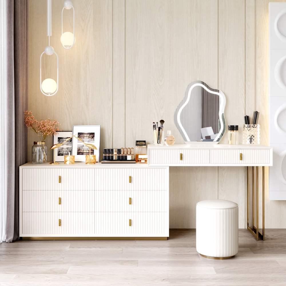 Modern White Dressing Table with Chair with 6-Drawer Cabinet Dressing Table with Stool & Mirror