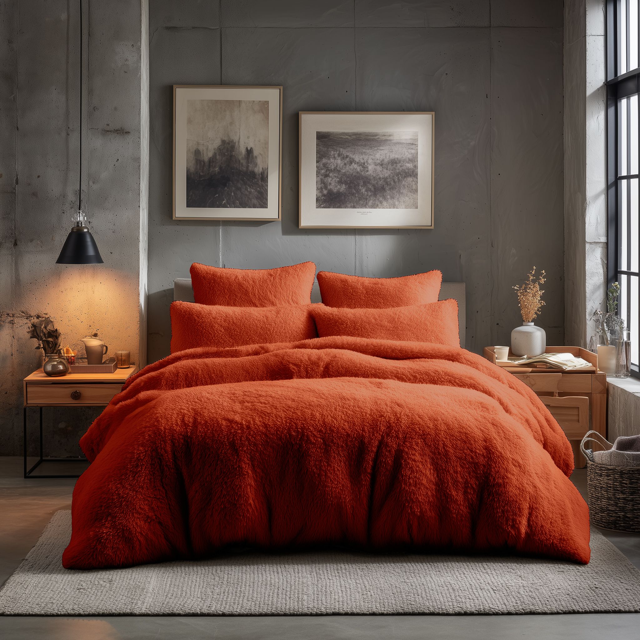 Snug City Teddy Bear Fleece Soft Cosy Duvet Cover + Pillow Case Set in Tangerine