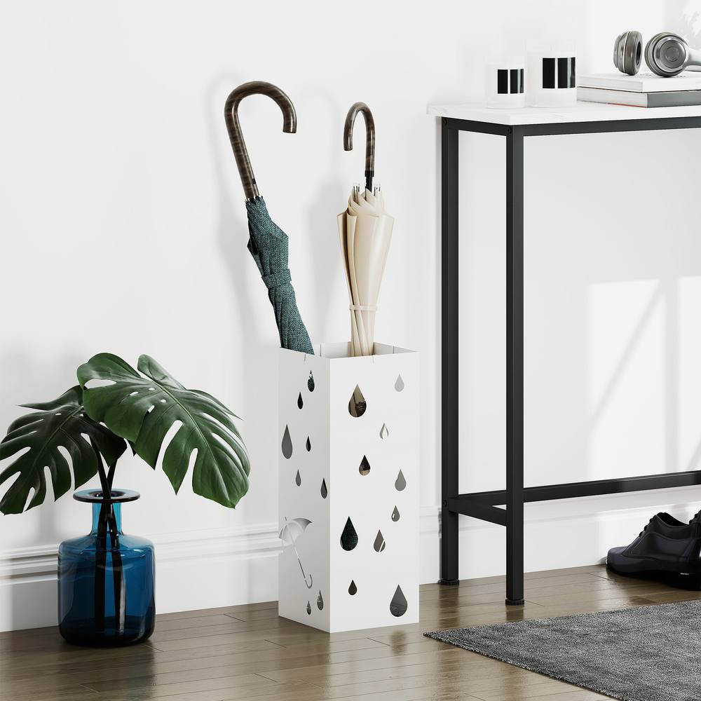 HOMCOM Metal Umbrella Stand, Square Umbrella Basket with 4 Hooks Drip Tray White