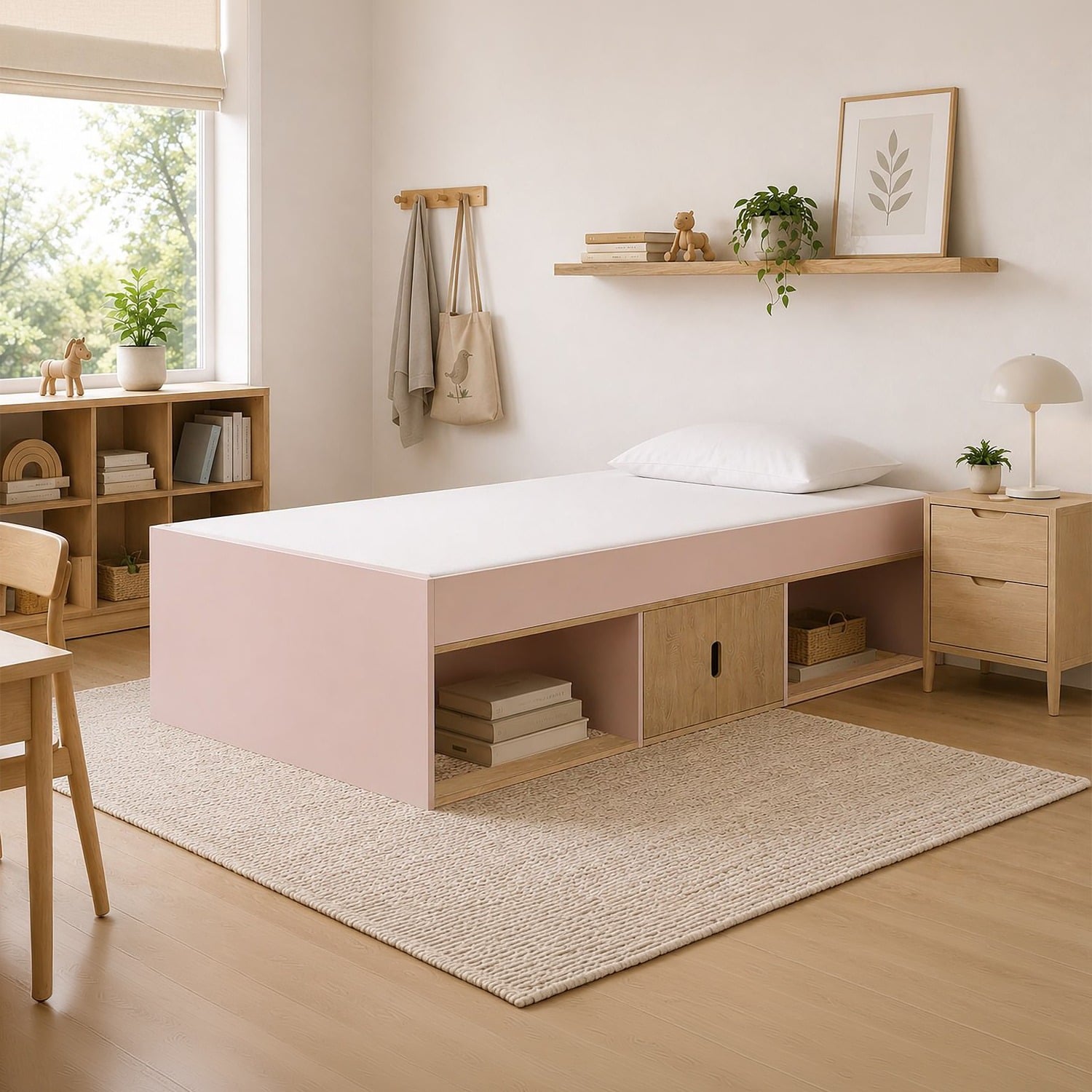 Arctic - Single - Kids Cabin Storage Bed - Pink and Oak - Wood - 3ft - Happy Beds