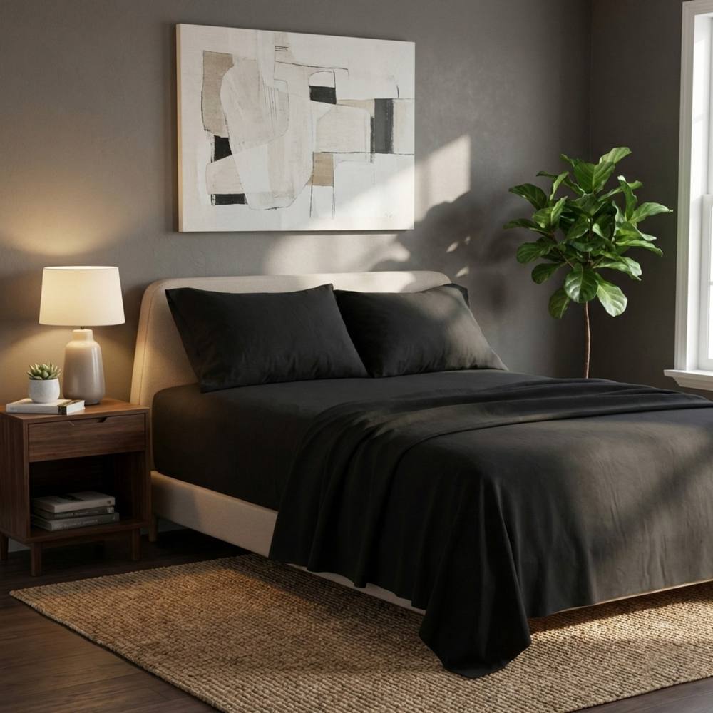Snug City Soft Plain Brushed Cotton Fitted Flat Sheet Matching Pillowcases Set in Black