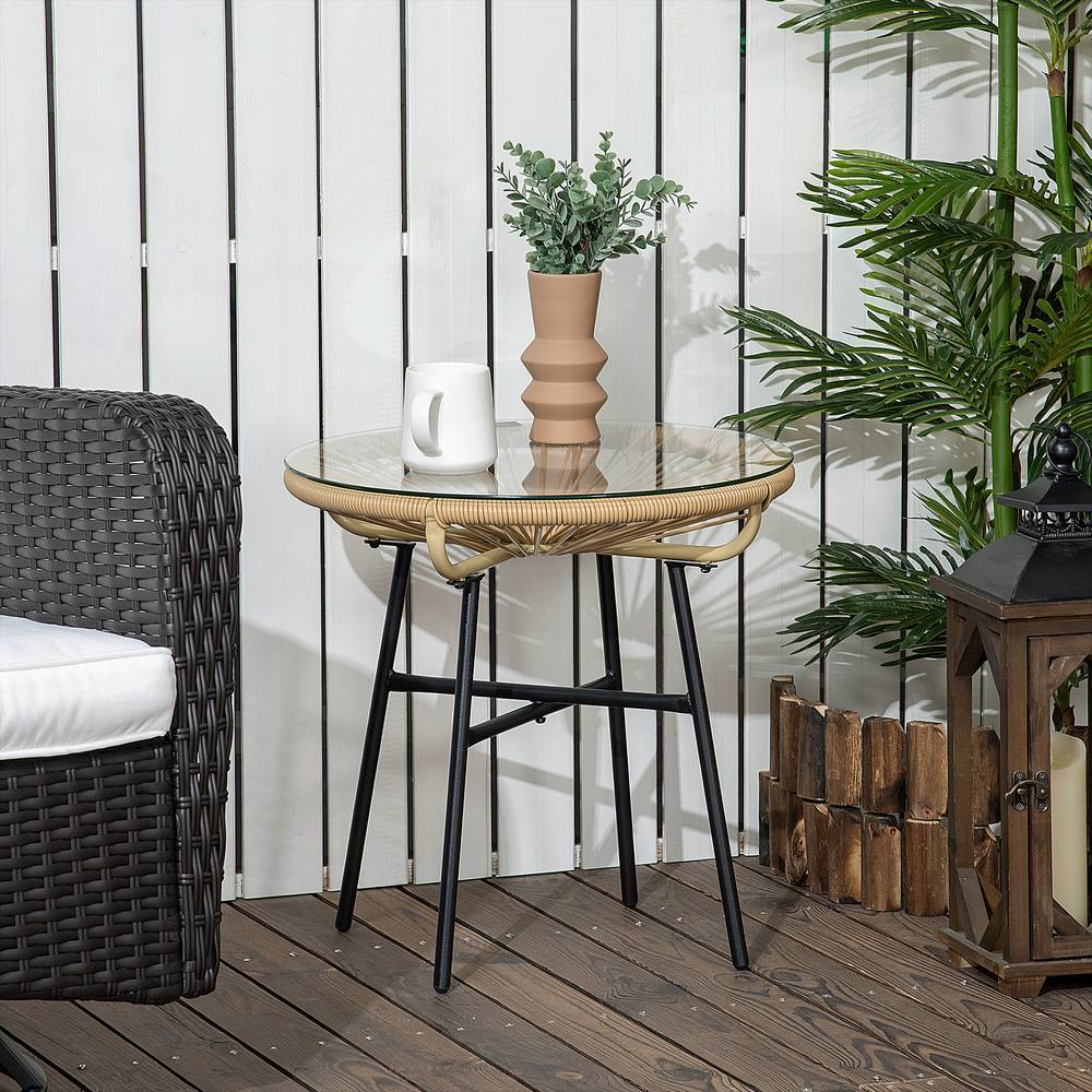 OUTSUNNY Rattan Side Table with Round PE Rattan & Tempered Glass Table Top in Beige