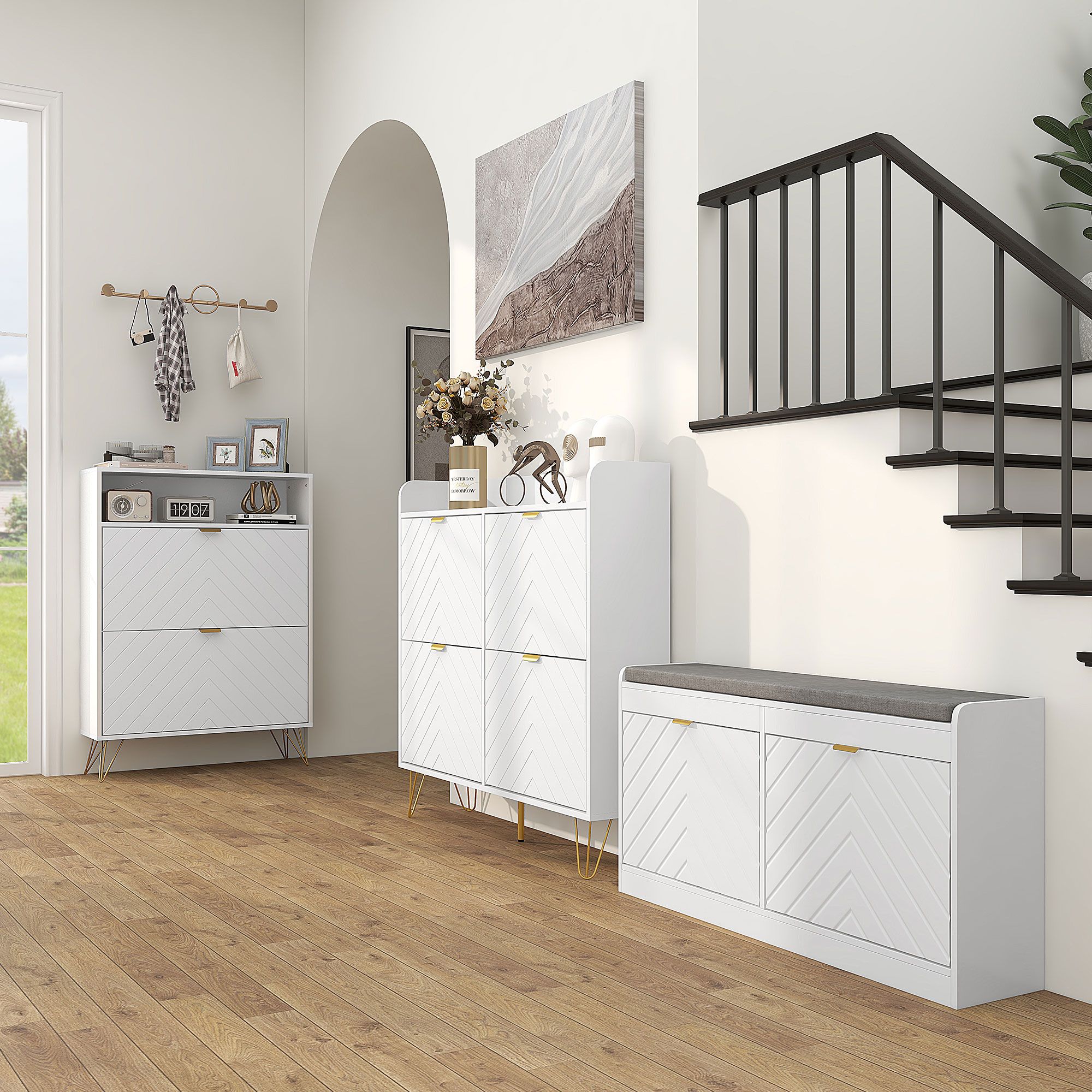 HOMCOM Slim Shoe Cabinet with 2 Flip Drawers Adjustable Shelves & Shelf in White