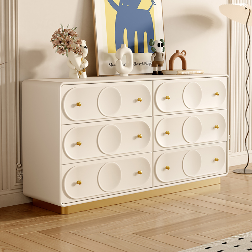 1500 mm Art Deco White & Gold 6 Drawer Dresser Chest with Storage Cabinet