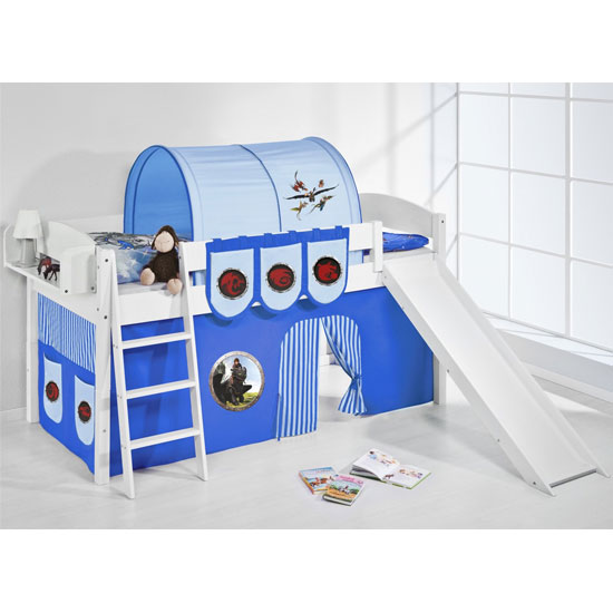 Lilla Slide Children Bed In White With Dragons Blue Curtains