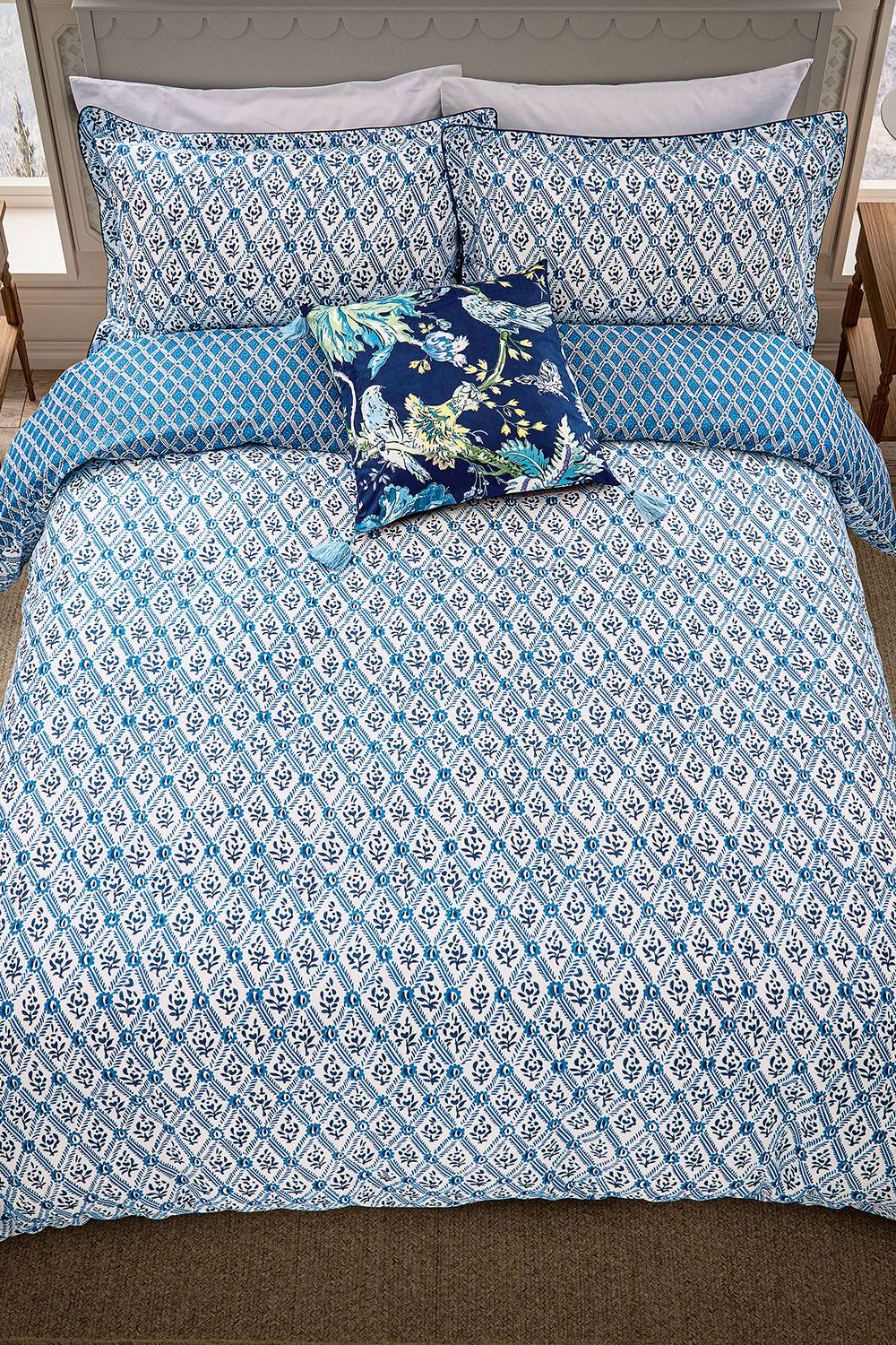 English Heritage 'St John's Trellis' Cotton Duvet Cover Set in Blue