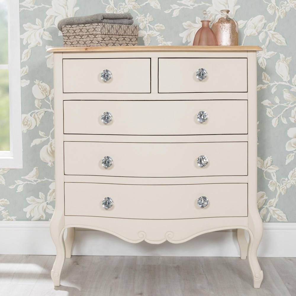 Statement Furniture Juliette Vintage Chic 2 Over 3 Chest of Drawers with Crystal Handles in Ivory