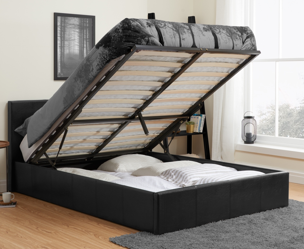 Berlin Black Leather Ottoman Storage Bed Frame - 4ft Small Double
