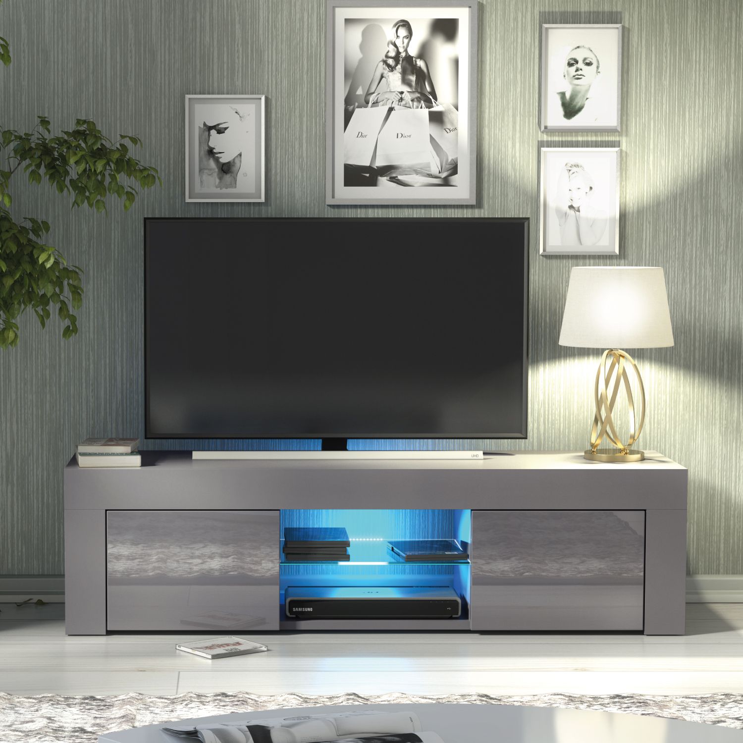 Creative Furniture Loom TV Unit 130cm - A Minimalist & Sophisticated Cabinet with Gloss Doors & LED Lights in Dark Grey