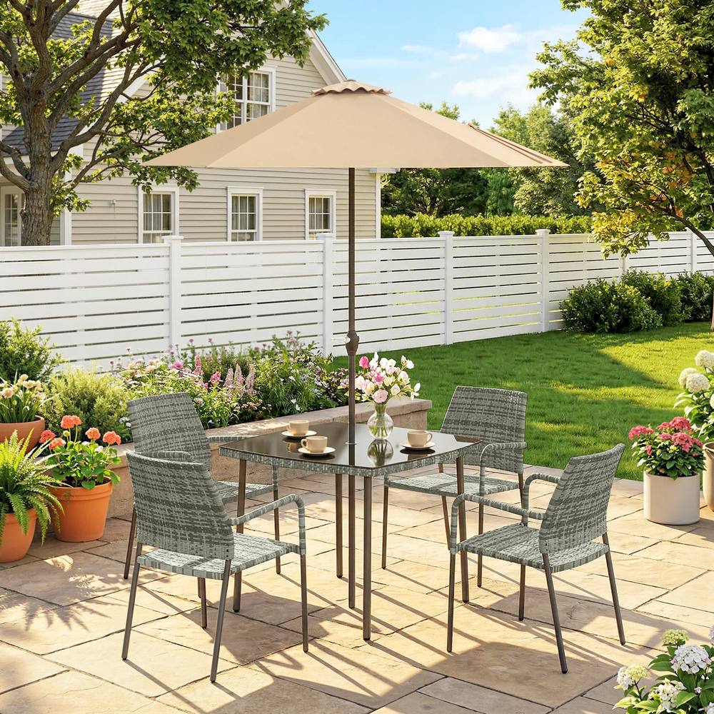 OUTSUNNY 4 Seater Rattan Dining Set with Parasol, Light Grey