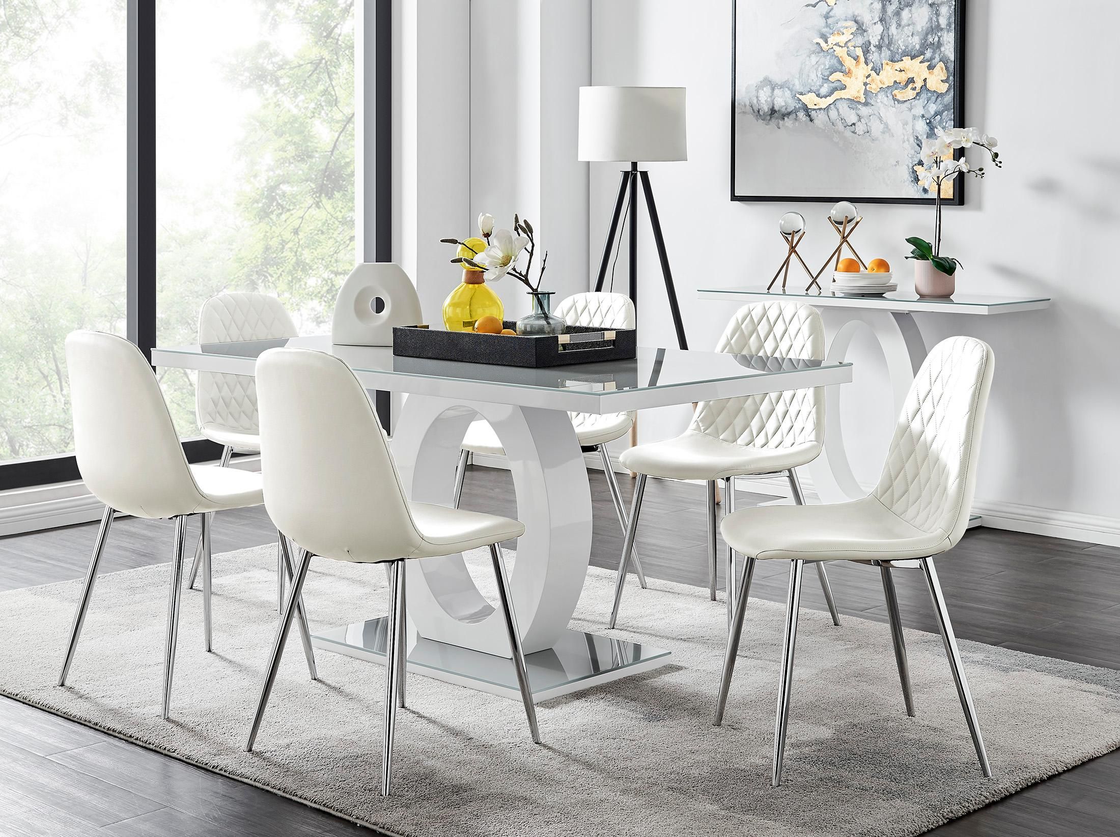 FurnitureboxUK Giovani 6-Seater Grey Glass Dining Table & 6 Corona Faux Leather Dining Chairs in White