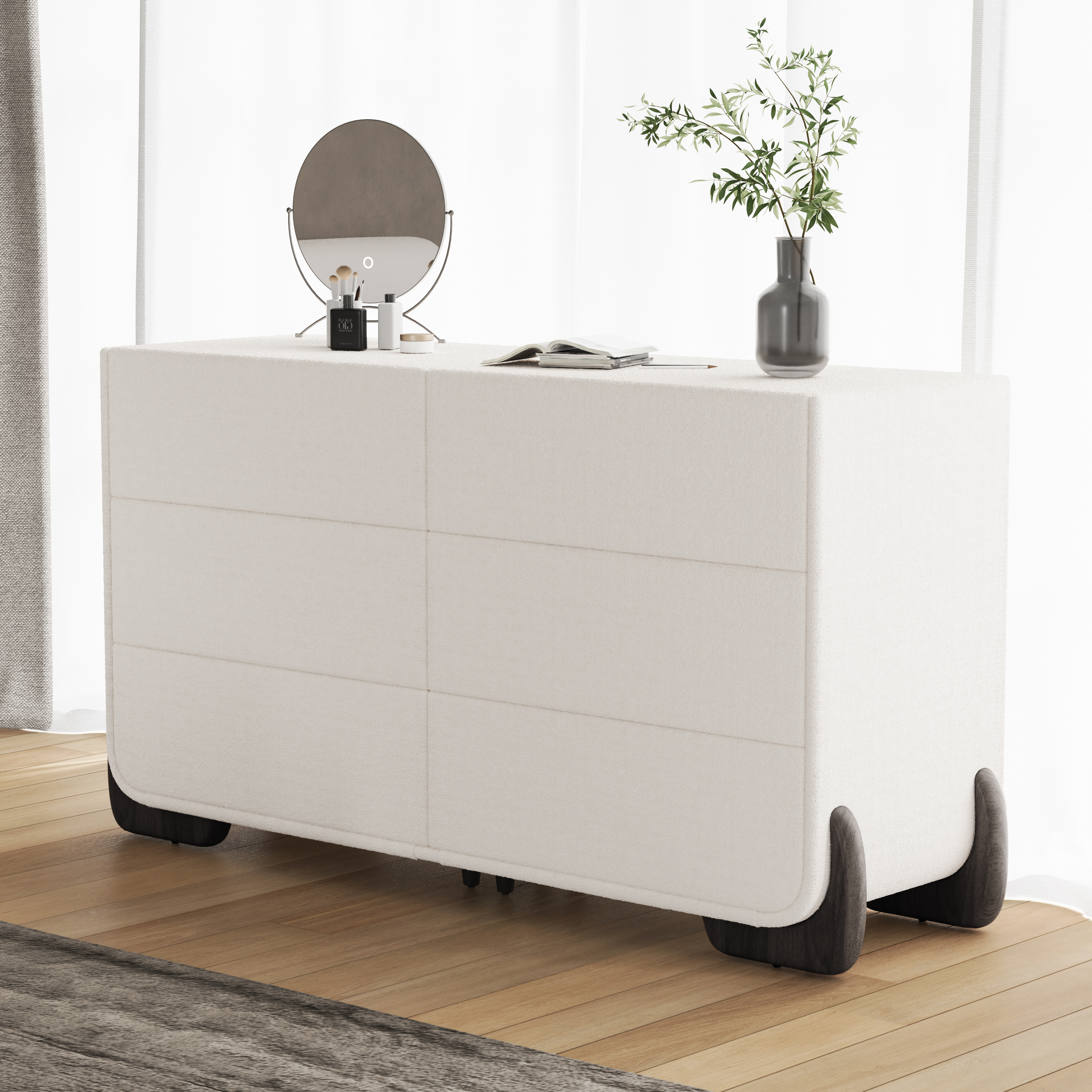 Boucle Curva 160 cm White 6 Drawer Smart Dresser Chest