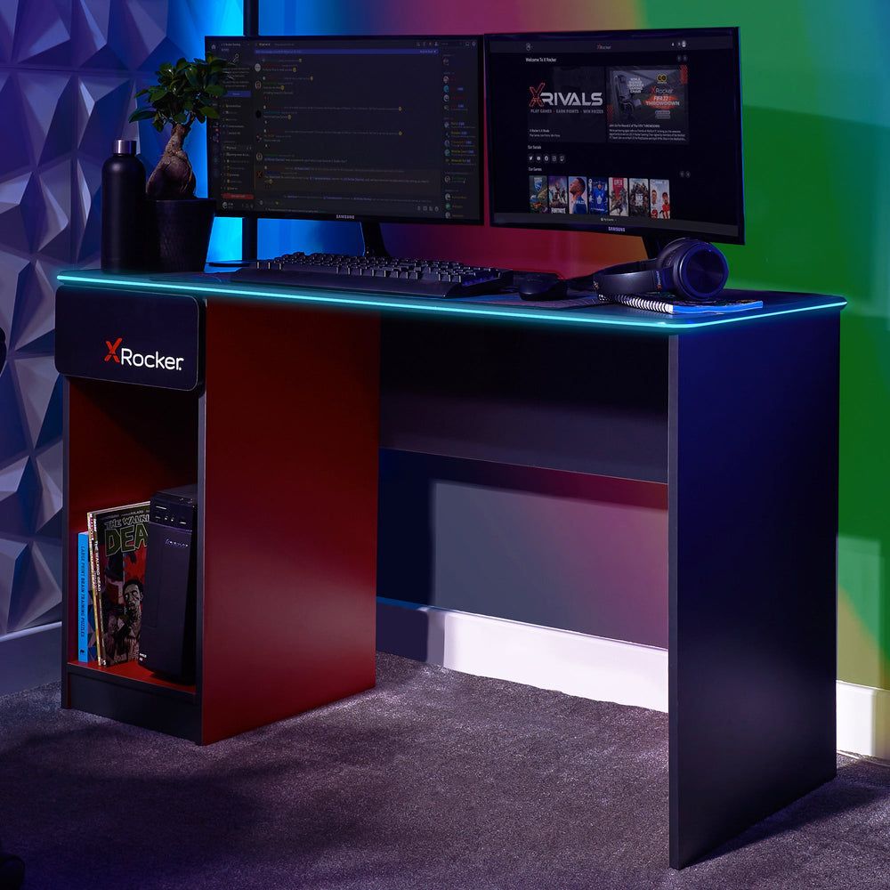 X Rocker Carbon-Tek 120cm LED Gaming Desk with Drawer & Charging in Red