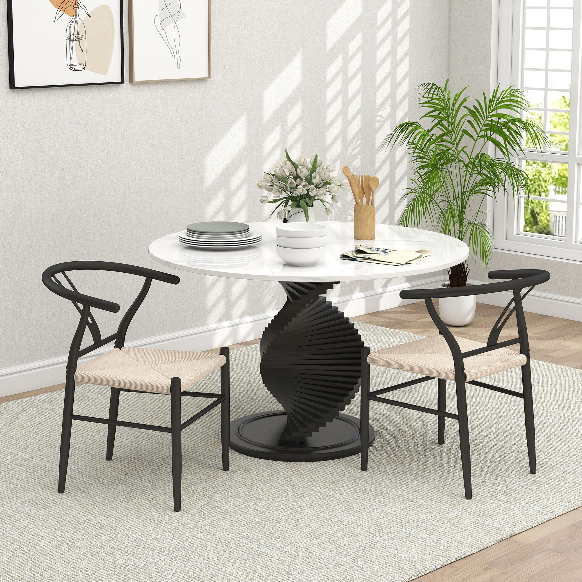 HOMCOM Weave Dining Chairs Set of 2 with Y-Shaped Backrest Hemp Seat Black