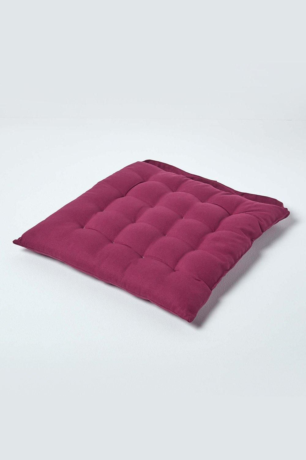 Homescapes Seat Pad Luxury 100% Cotton Indoor Outdoor Garden Cushion, Button Tie, 40cm in Plum