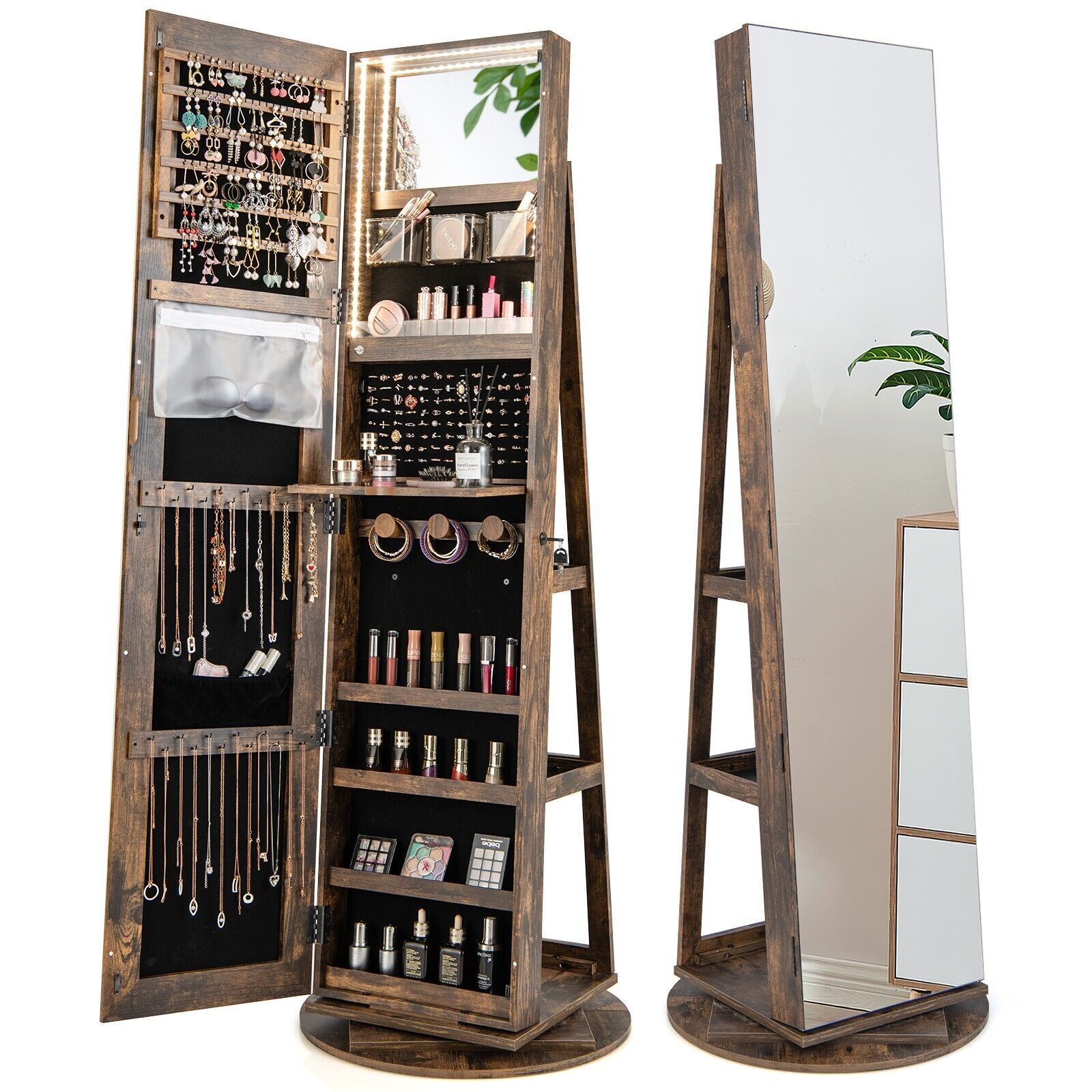 Costway Rotating Jewelry Armoire Freestanding Jewelry Cabinet w/ Full Length Mirror in Brown