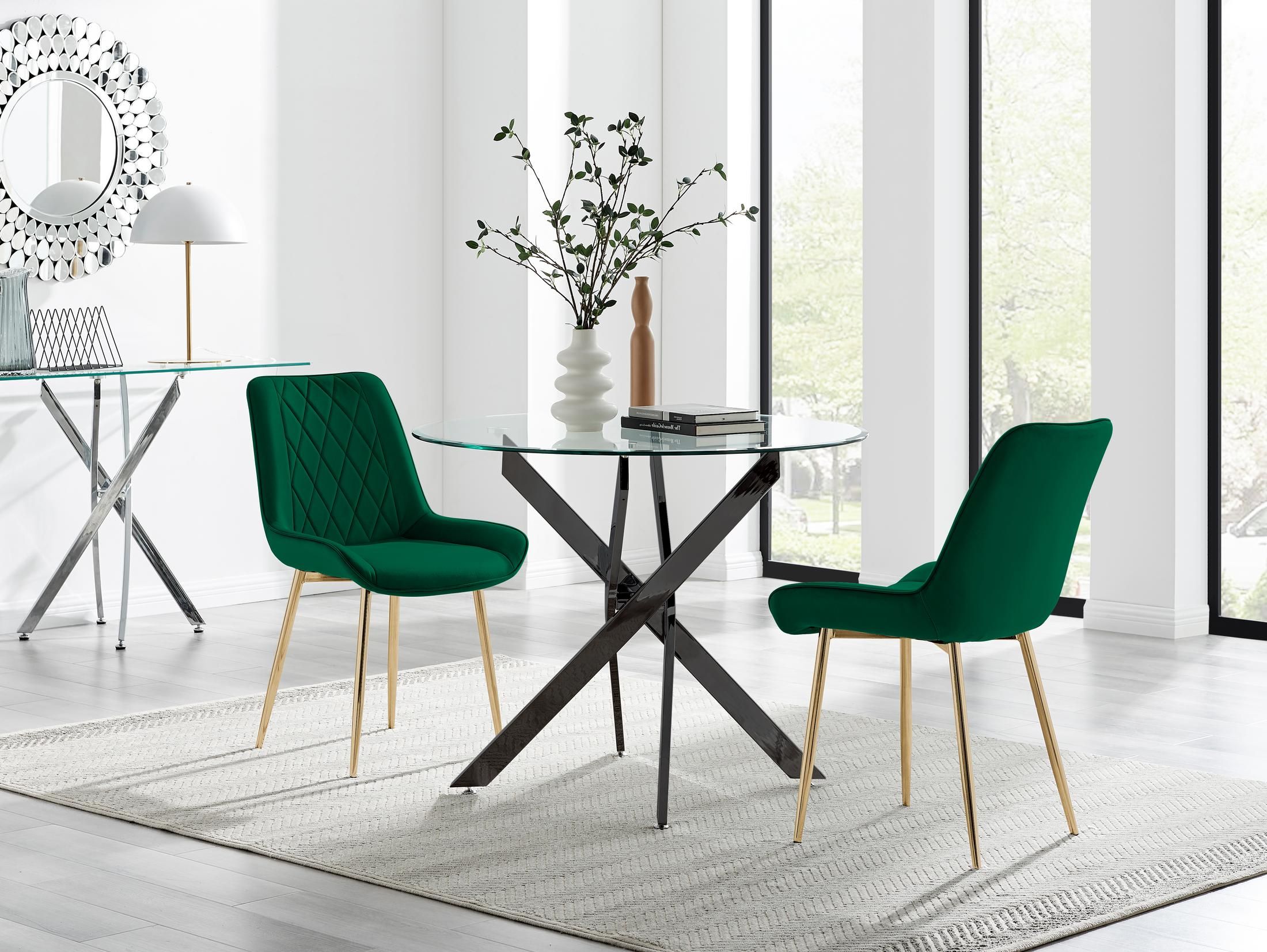 FurnitureboxUK Novara 100cm Round Black Leg Dining Table & 2 Pesaro Gold Leg Chairs in Green