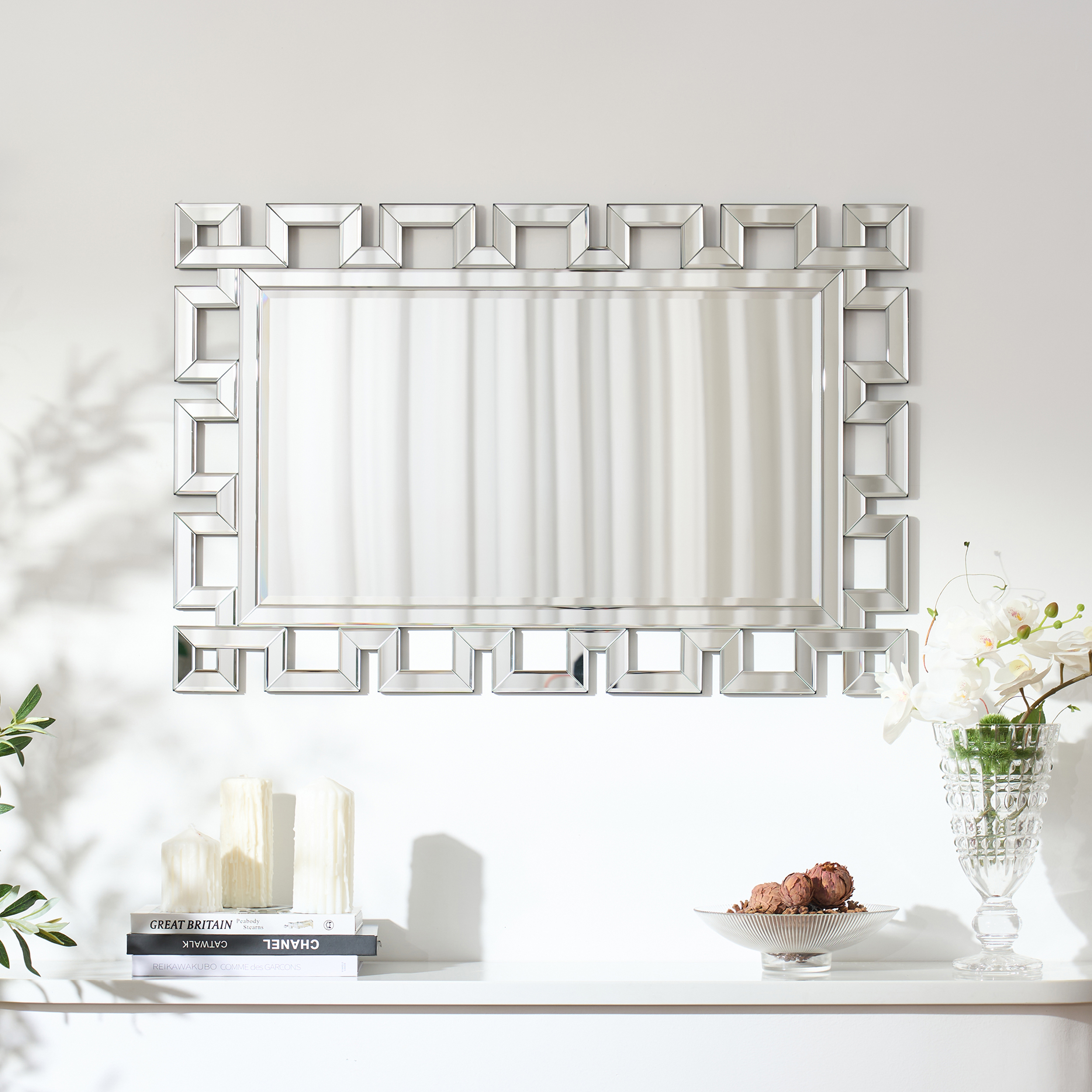 Rectangular 900mm Decorative Wall Mirror with Geometric Beveled Frame