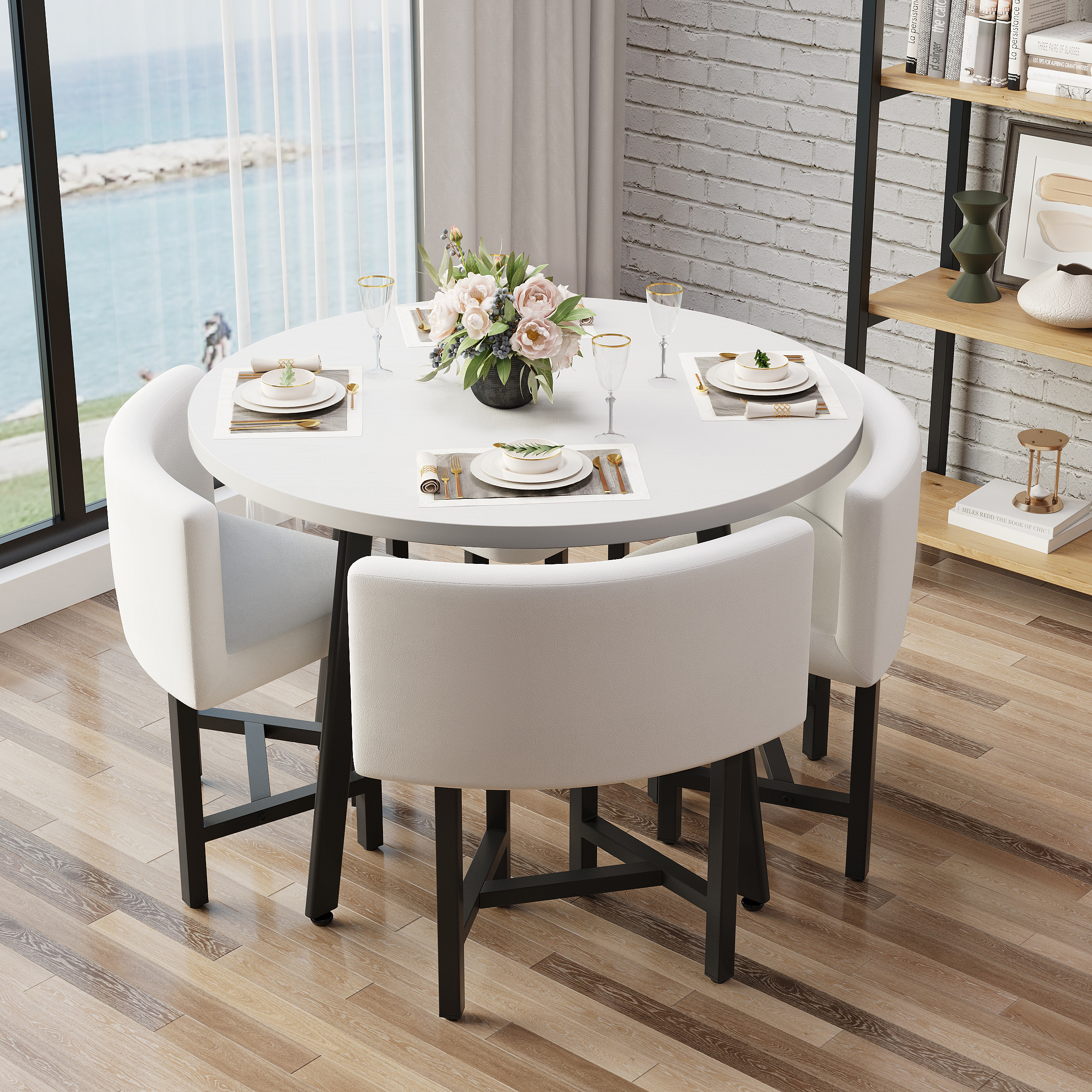 40" Round Wooden White Small Nesting Dining Table Set for 4 White Upholstered Chairs