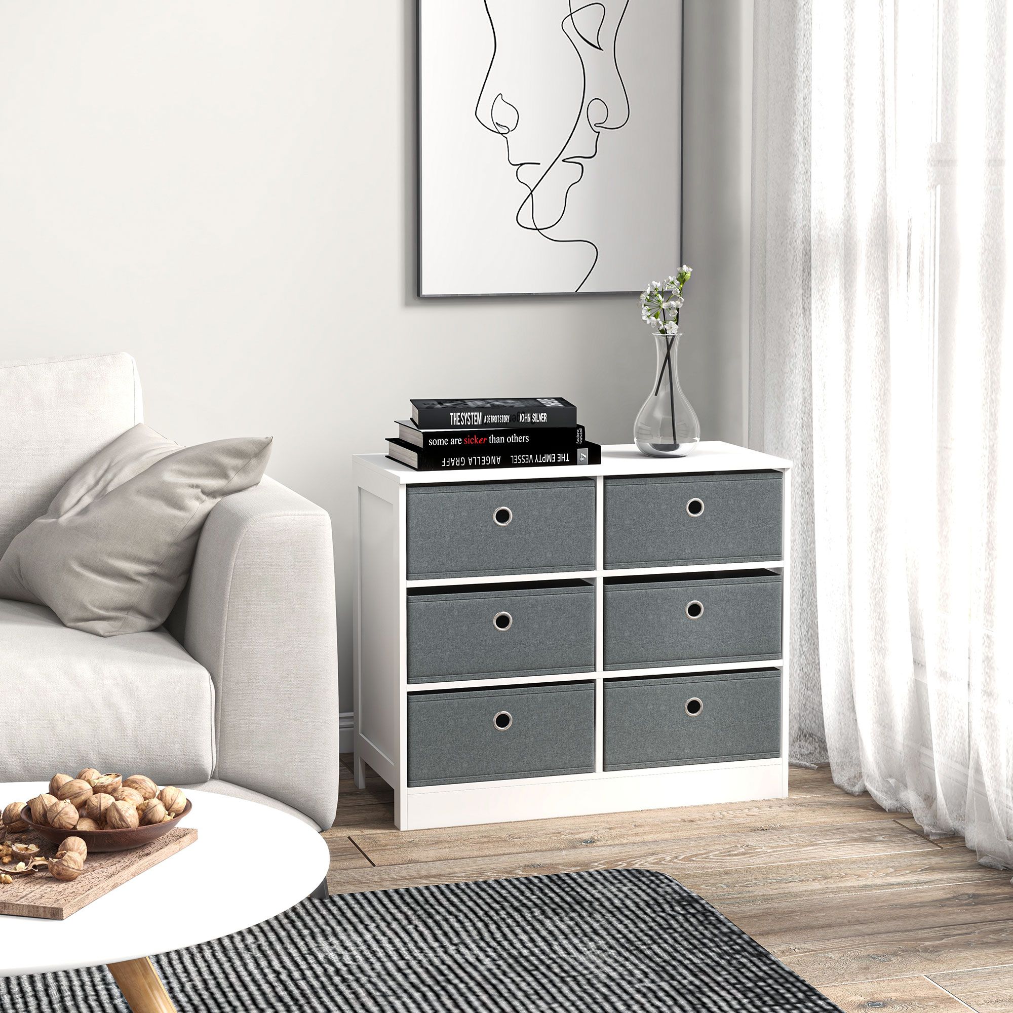 HOMCOM Chests of Drawer Fabric Dresser Storage Cabinet with 6 Drawers in White