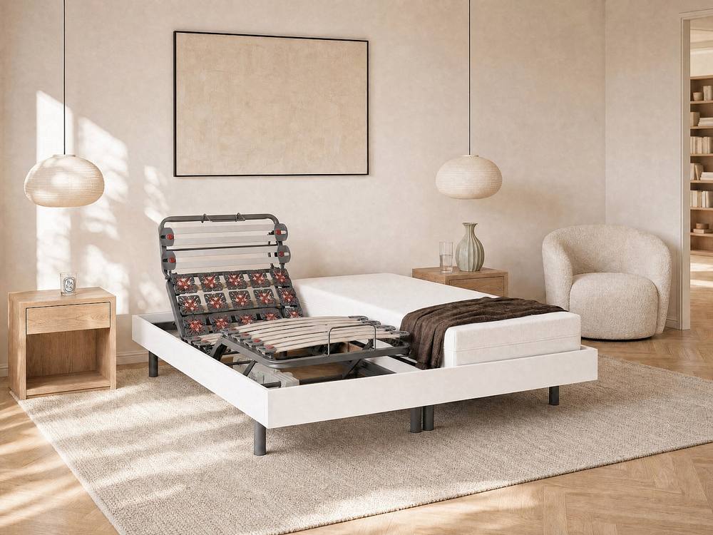 Vente-unique Electric Slatted Bed Base With 2X25 White Wood Decorative Pads - 2 X 2